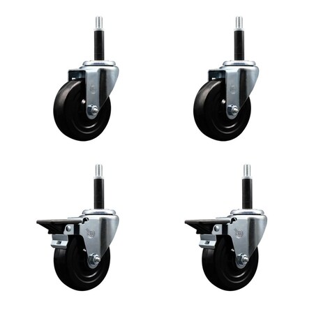 Service Caster 4'' Soft Rubber Wheel Swivel 3/4'' Expanding Stem Caster Set 2 Brakes, 4PK SCC-EX20S414-SRS-2-PLB-2-34
